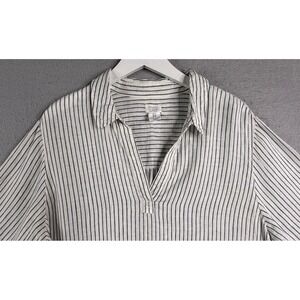 Sigrid Olsen Linen Tunic Women 1X Striped 3/4 Sleeve V-Neck Button Side Nautical